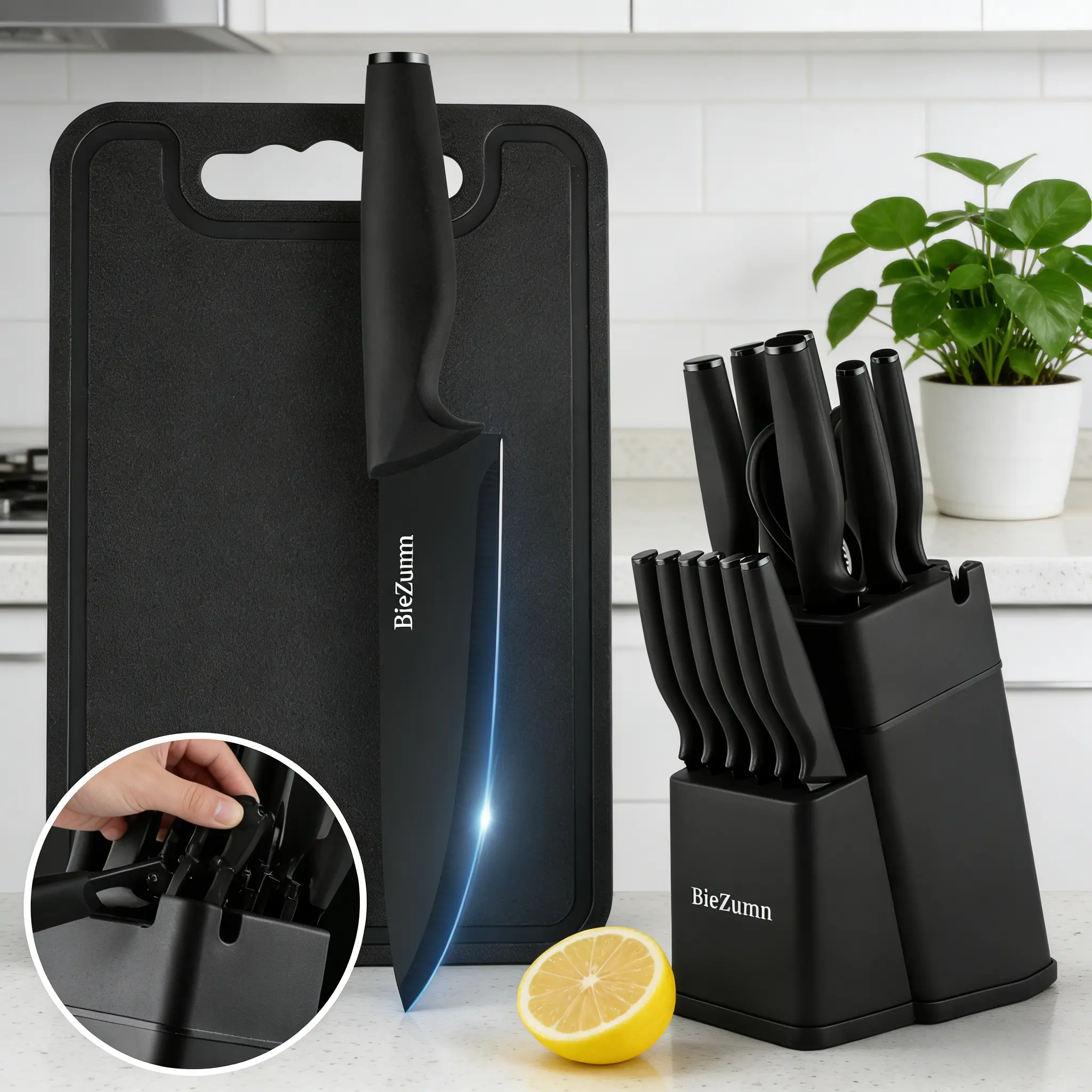 BieZumn 15-Piece Modern Black Kitchen Knife Block Set - Dishwasher-Safe, Razor-Sharp, with Holder, Sharpener, Scissors, 6 Serrated Steak Knives, High-Quality Black Design Kitchen Accessories for Cooking Enthusiasts, 15-Piece Set