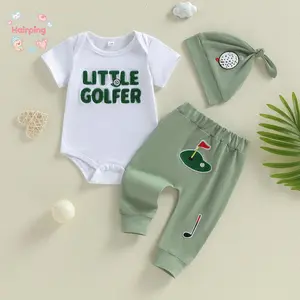Baby Boy Little Golfer Outfit Set, 3-Piece Short Sleeve Chenille Lettering Bodysuit, Golf Print Pants & Matching Beanie Cute Infant Sports Theme Outfit