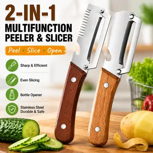 2 PCS Wood Handle Multifunction Kitchen Peeler – Peel, Slice, Scrape & Bottle Opener Tool