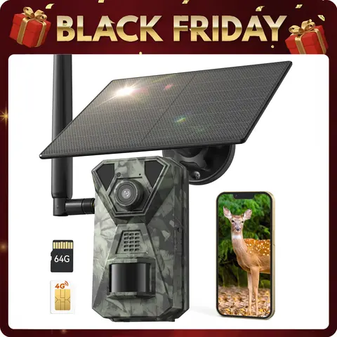 Deatti 4G LTE Cellular Trail Camera with 64GB Micro SD Card, Built-In Solar Panel, 2.7K HD, 0.1s Trigger Time, Motion Activated Night Vision, Waterproof Durable Outdoor Camera for Hunting, Nature Lovers, Outdoor Explorers (Includes SIM Card)