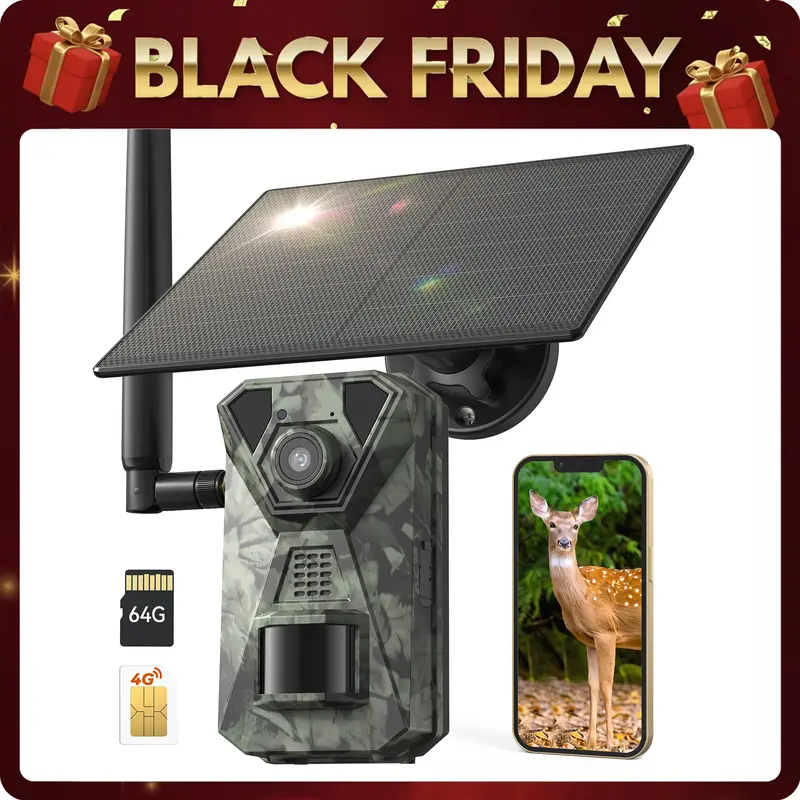 Deatti 4G LTE Cellular Trail Camera with 64GB Micro SD Card, Built-In Solar Panel, 2.7K HD, 0.1s Trigger Time, Motion Activated Night Vision, Waterproof Durable Outdoor Camera for Hunting, Nature Lovers, Outdoor Explorers (Includes SIM Card)