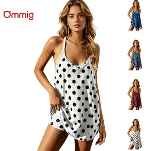 Ommig Women's Summer Polka Dot Tennis Dress Sleeveless Spaghetti Straps V Neck Mini Dress with Built-in Shorts Casual Athletic Dress with Pockets