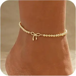 Gold Ankle Bracelets for women,14k Gold/Silver Plated Waterproof Layered lightweight Bow Beaded Twisted Chain Cross Butterfly Satellite Ankle Bracelets Set Gold Anklets for women Trendy Summer Beach Jewelry Gift for Women