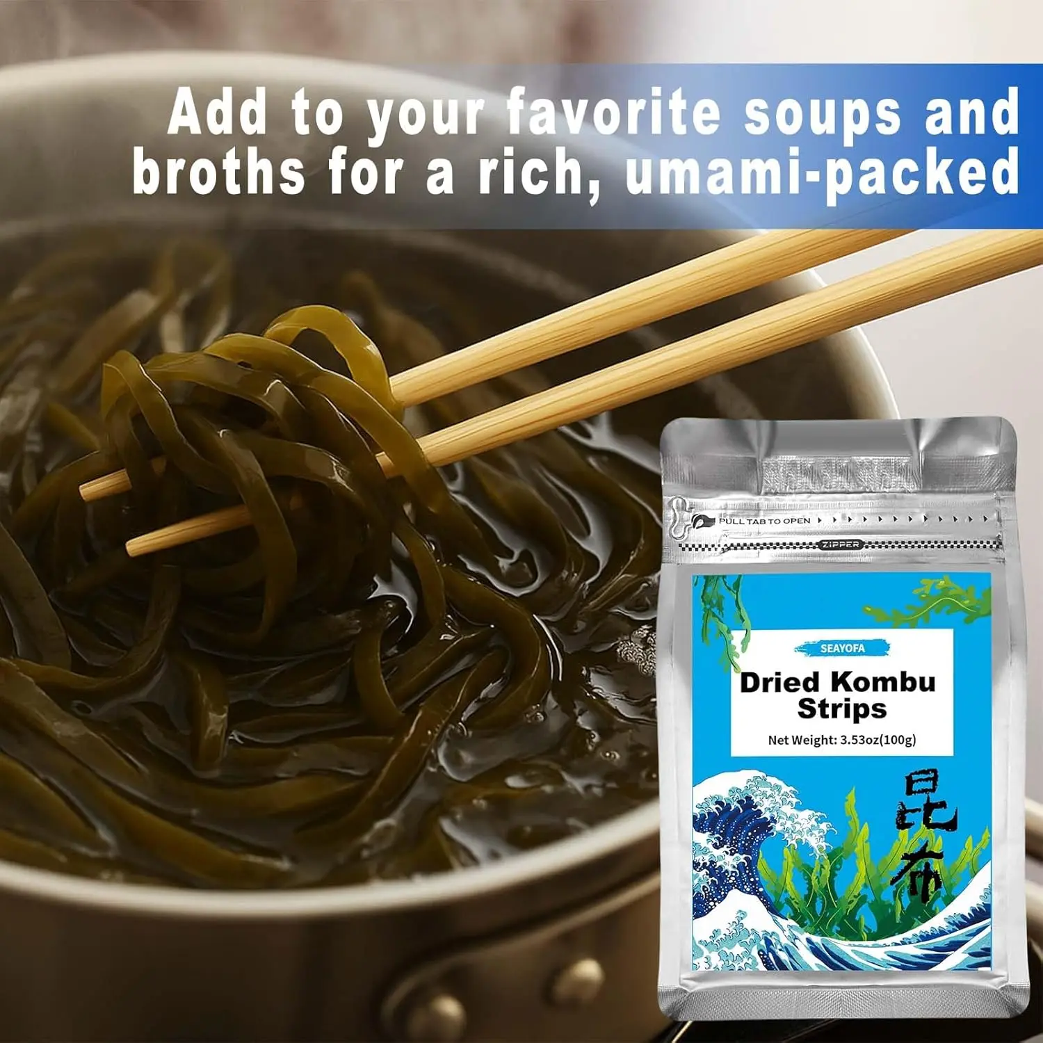 3.5oz Dried Kombu Seaweed Strips, Sun-Dried Kelp for Dashi, Miso Soup – Umami-Rich Plant-Based Sea Vegetable for Broth, Rice & Japanese Dishes