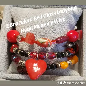 2 Bracelets Red Acrylic Hearts Red Glass Lady Bug Glass Bead Memory Wire Bracelets