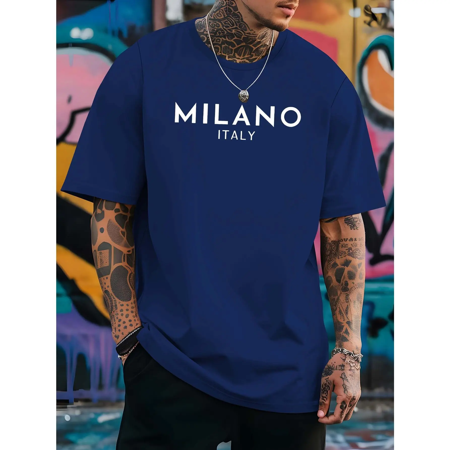 Men's Milano Letter Print Short-Sleeve T-Shirt - Breathable Round Neck Summer Casual Top with Short Sleeve, Versatile Beachwear & Resort Style,