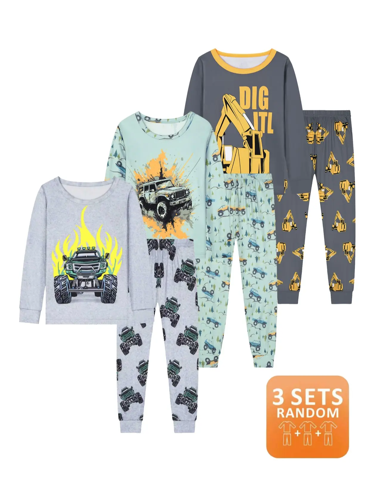 Toddler Boys' Cute Pajama Set, 3 or 6-Piece Monster Truck Long Sleeve Shirt & Pants, Soft Polyester Crewneck Sleepwear for Fall, Toddler Pjs, Cute Pajamas, Knitting, Fitted, All Over Print, Playful Look, Excavator Theme, Cozy Sleepwear For Bedtime, Sleepw