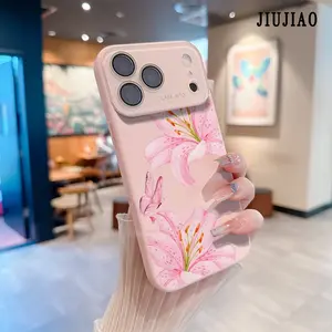 Pink lilies and butterflies pattern bull's head Pattern Dopamine Style Solid Color Phone Case with Ultra Skin friendly Touch, All Inclusive Lens Phone Case Suitable for Apple 17 16 15 14 13 12 PRO MAX AIR PLUS