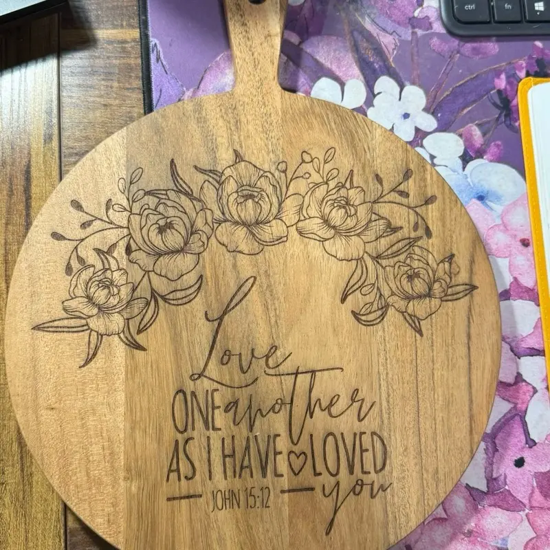 Engraved Wood Cutting Board – “Love One Another” | Floral Christian Gift | John 15:12 Scripture Board