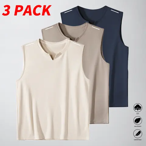 Men's 3-Pack Loose-Fit Polyester Knit Notched Neck Sleeveless Speed Dry Quick-Dry Moisture-Wicking Athleisure Vests - Lightweight, Breathable, Machine Washable Sports Tops for Gym, Running, Speed Dry Men's Sports Vest