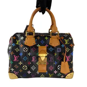 Pre-owned Louis Vuitton Canvas Shoulder Bags Black Multicolor Monogram Speedy 30 handbag with Murakami print, vachetta leather trim, and gold tone hardware.+Bag charm+++