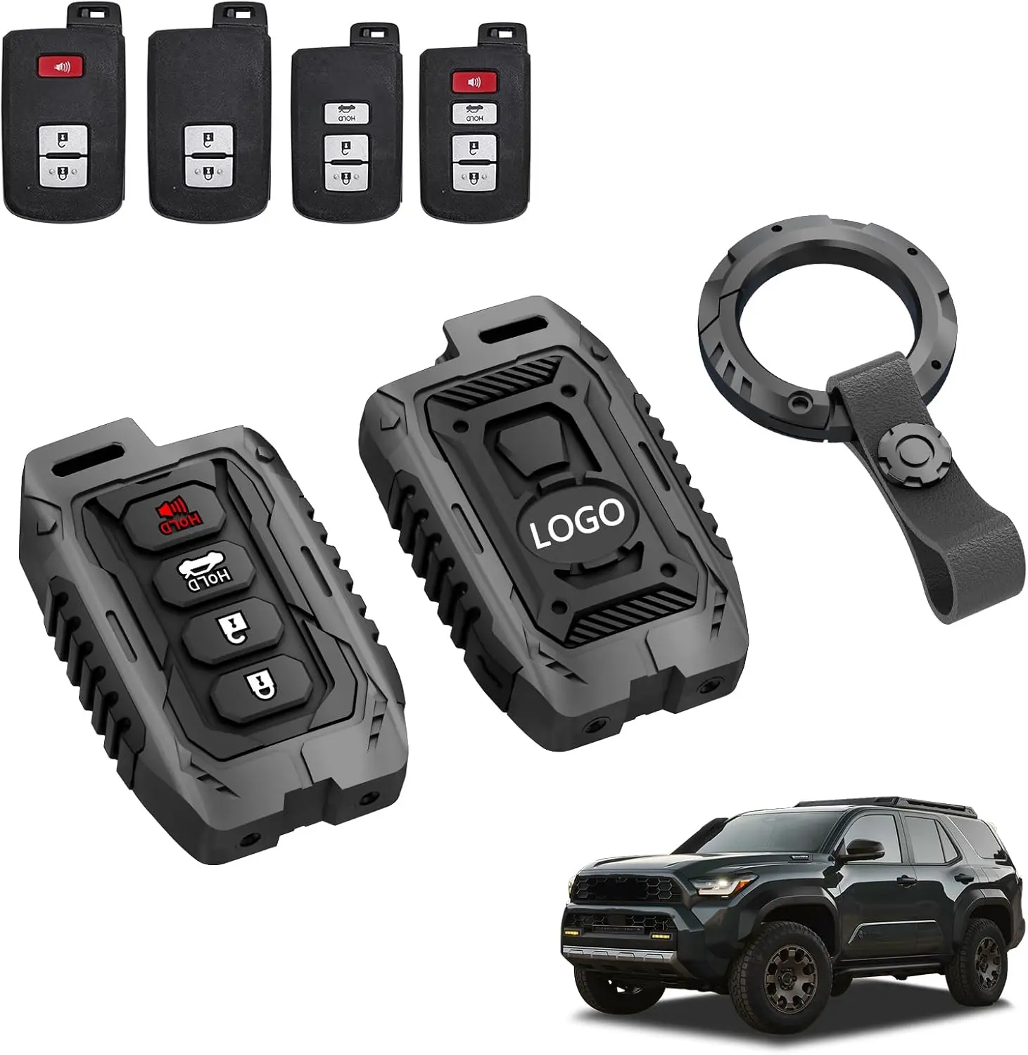 Metal Key Fob Cover Compatible with 2016-2023 Tocoma/2020-2021 4Runner/2020-2021 tundra/2016-2018 RAV4 limited/2014-2017 Camry Full Protection Key Case Shell Vacuum Black Round Ring Buckle, Car Key Accessory
