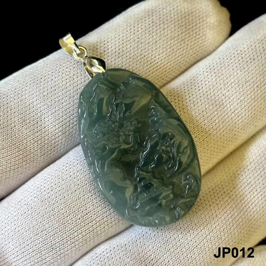 High-grade Natural Green Jade Jadeite Pendant Carved Embossed Landscape, Free Necklace