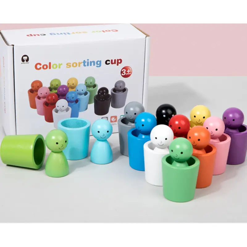 Wood Montessori Sorting Cups with 2.5in Tall Peg Dolls - Solid Vibrant Colors Educational Learning Toy for 2-3 Years Toddlers, Fine Motor Skills, Color Recognition, Hand-Eye Coordination, Milestone Present, Solid Colors