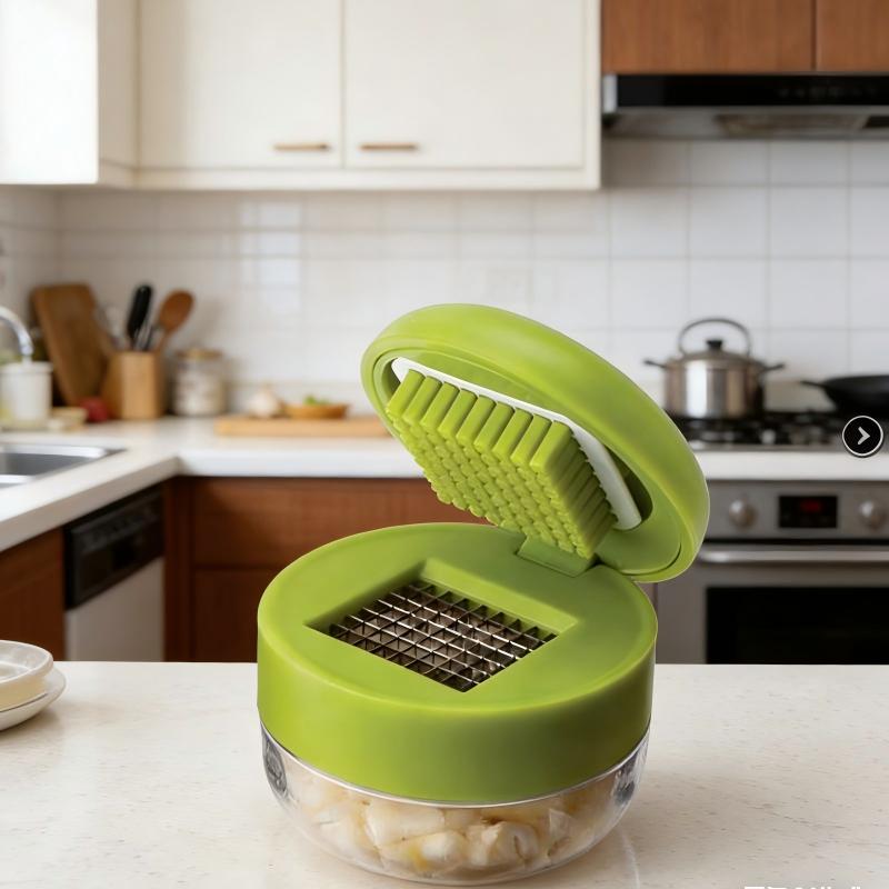 Garlic Press and Chopper with Storage Container, Premium Stainless Steel Blades, Green