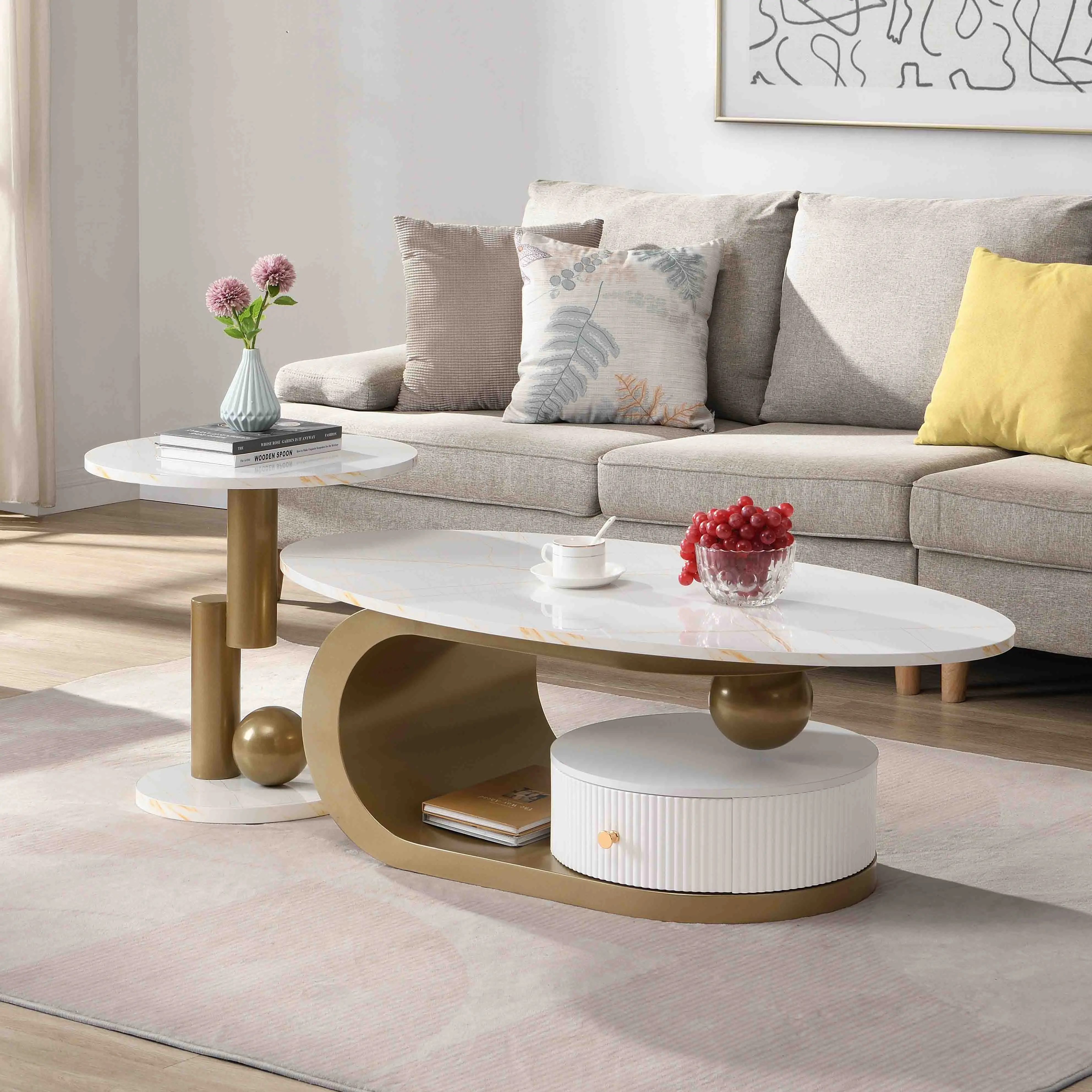 Modern Nesting Coffee Table Set of 2 Golden Oval and Round End Tables for Living Room, Space Saving Furniture with Metal Frame, Contemporary Design, Sofa Side Table for Bedroom, Office, Apartment, Home Decor, Small Space Accent Table