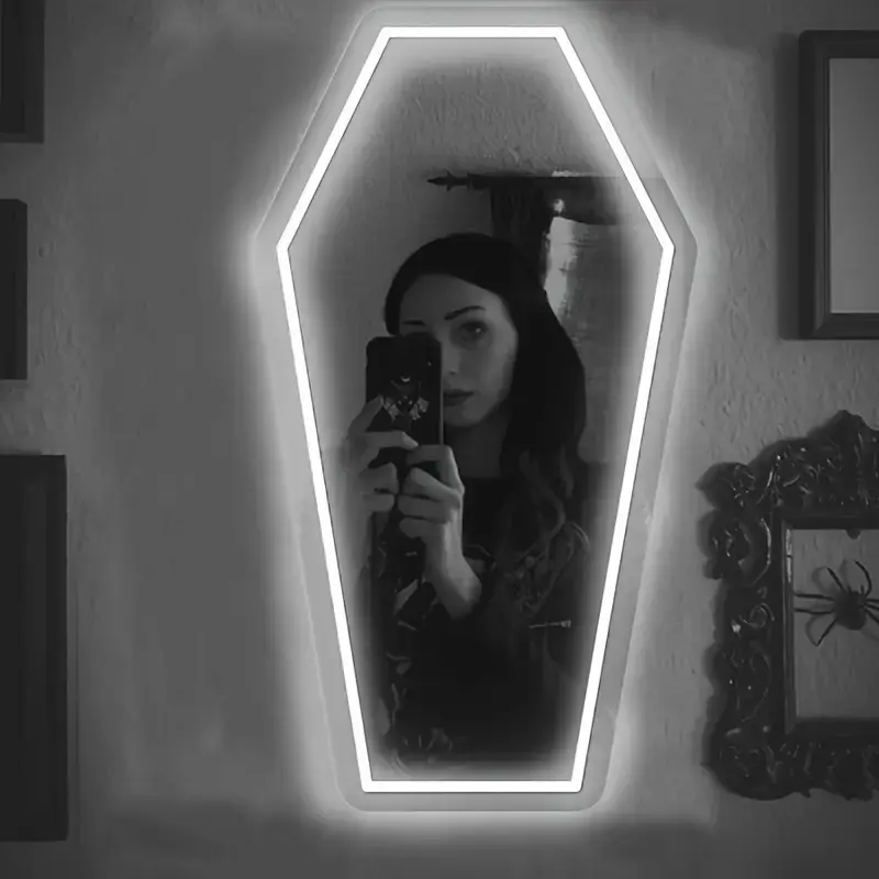 Gothic Elegance Coffin Neon Mirror with Lights, Acrylic Glass, Durable Resistant White Wall Decor for Witch Bedroom, Gothic Lovers Gift summerwins