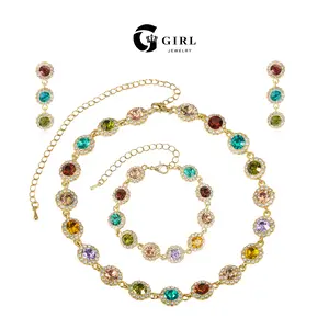 GGIRL Colorful Rhinestone Jewelry Set - Multi Color Bracelet & Shining Earrings - Stackable Choker Necklace - Unisex Daily Wear Gift Party Accessory for Various Festivals Fashion Jewelry Gift for Holiday Haul Christmas Birthdays Anniversaries