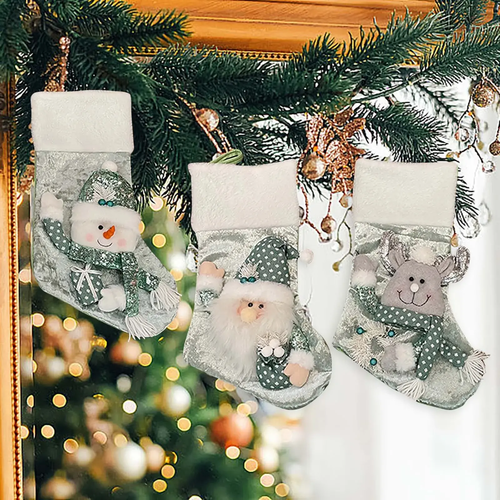 Large Capacity Christmas Socks Decorative Gift Bag for Christmas with Santa Design Blue Clear Stretch Cloth Ornaments Decoration Festive Unisex Cloth Material