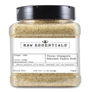 Raw Essentials Texas Mesquite Smoked Fajita Rub and Seasoning – Bold, Smoky BBQ Flavor – Perfect for Grilling Meats, Vegetables, and Tofu – Gluten Free & Vegan – 11 oz Bottle