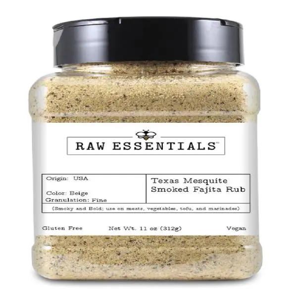 Raw Essentials Texas Mesquite Smoked Fajita Rub and Seasoning – Bold, Smoky BBQ Flavor – Perfect for Grilling Meats, Vegetables, and Tofu – Gluten Free & Vegan – 11 oz Bottle