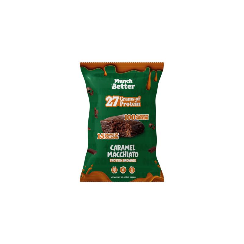 Munch Better High Protein Caramel Macchiato Brownies with Caffeine (8 Pack) - 27g Protein & 15g Collagen - Gluten-Free & No GMOs - US Made Energy Boost Snack