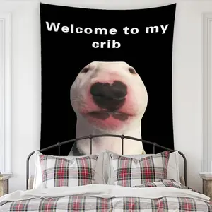 Cute Dog Pattern Tapestry, Welcome to My Crib Letter Pattern Wall Hanging Tapestry, Durable Decorative Tapestry, Funny Animal Decorative Room Decor, Bedroom Living Room Dorm Poster