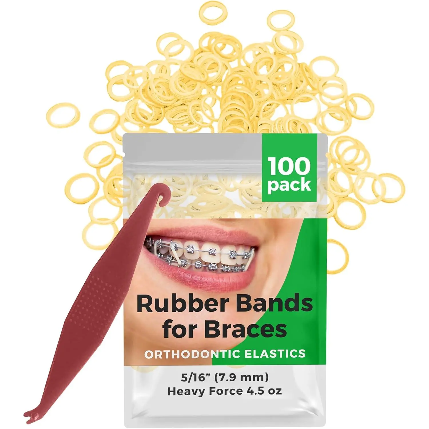 Orthodontic Rubber Bands for Braces - Premium Quality Elastic Teeth Rubber Bands for Braces, Fix Tooth Gaps, Dreadlocks, Includes Free Elastic Placer- Heavy Force 4.5 oz, 5/16 Inch, Natural (100 Pack)
