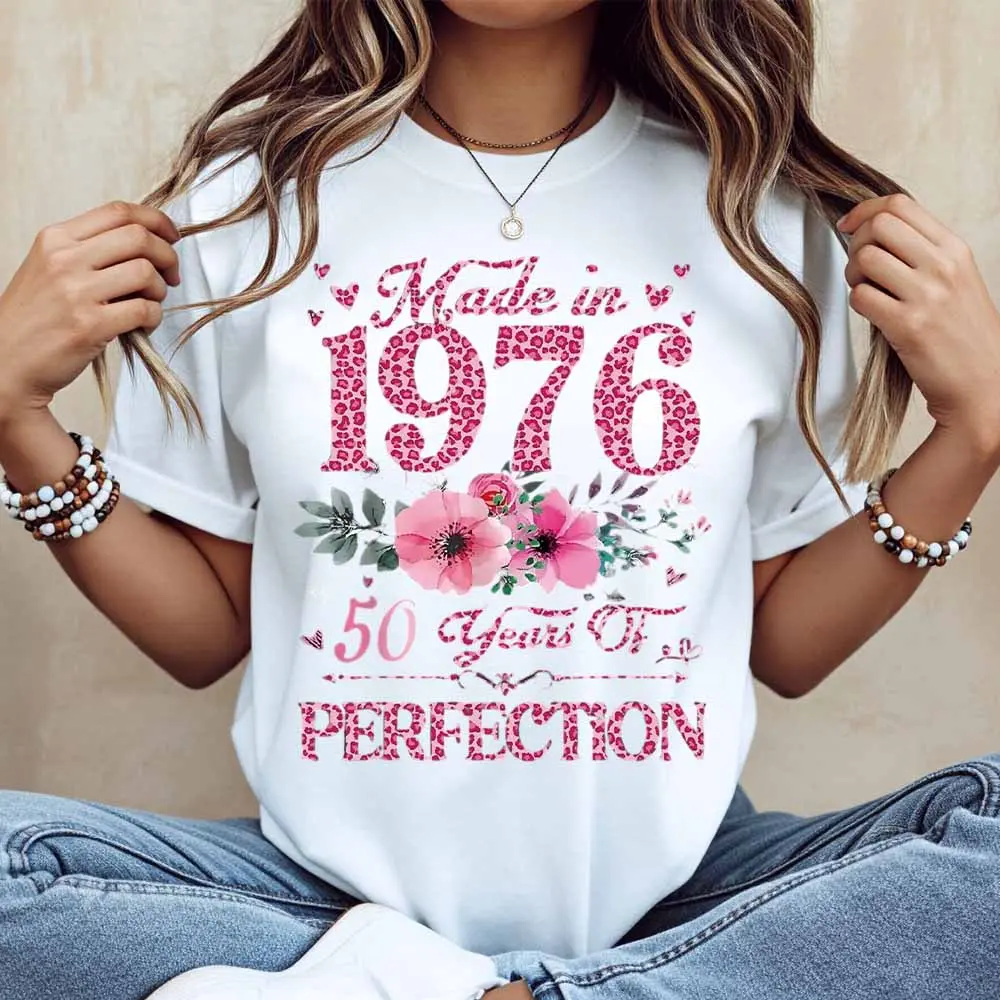 Made In 1976 50 Years Of Perfection Floral Print T Shirt White Casual Loose Fit For Everyday Wear And Leisure Activities