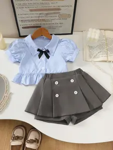 Girls Blue Striped Shirt Set with Skirt Pants, Collar Bubble Sleeve Top, Bow Decor, Pleated Hem, School Style Fashion