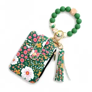 Floral PU Leather Zipper Wallet & Keychain with Silicone Bead Bracelet,Boho Style Wristlet Small Credit Card Holder Bracelet Key Chain Purse Bangle Tassel Beads for Women,  Valentine’s Day, or Everyday Use, Versatile Wallet | Chic Bracelet Wallet