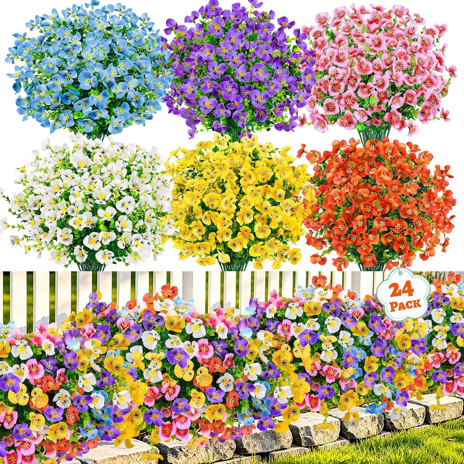 Der Rose 24 Bundles Artificial Pansy Flowers for Outdoors, UV Resistant 6 Assorted Colors Fake Pansies Faux Flowers Buk for Outdoor Planters Window Boxes Flower Beds Garden Decor