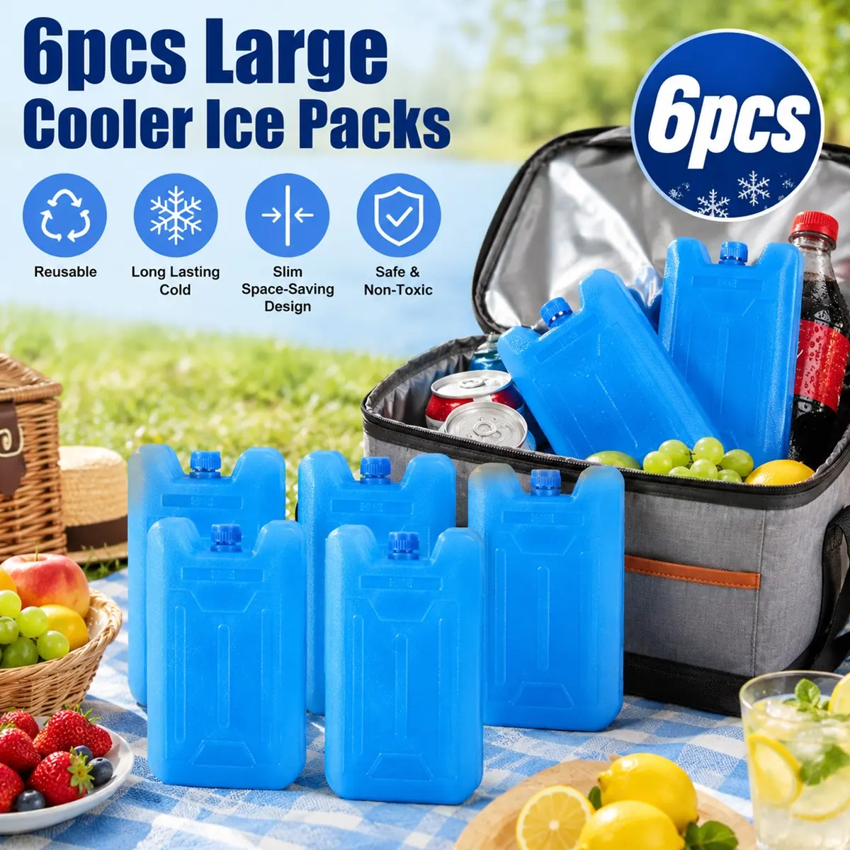 6pcs Large Cooler Ice Packs - Reusable Long Lasting Ice Pack (-5 C) Space-Saving Slim Ice Packs,Dry Ice Packs, Freezer Packs & Reusable Ice Pack For Cooler Bags for Food Beverage Refrigerator Air Conditioner Fan,Lunch Boxes Bento Beach Camp Freezer Pack