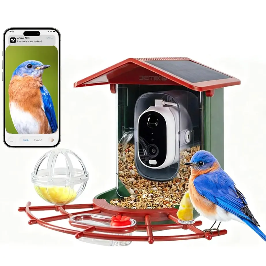 Smart Bird Feeder with Camera, Solar Powered 2K HD AI Auto Bird Identification, Night Vision, Real-Time Alerts, Family Sharing, Best Gift for Bird Lovers & Parents