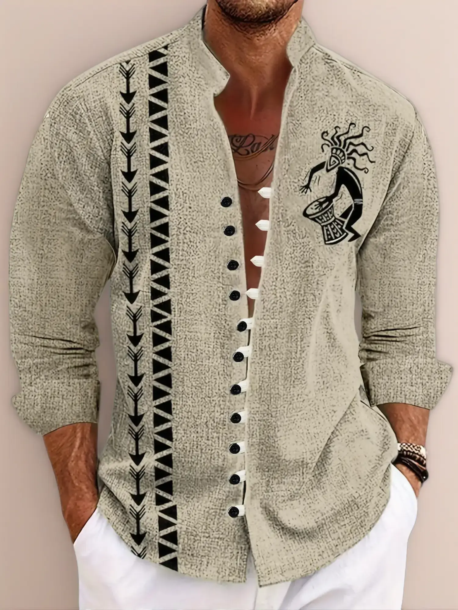 Men's Tribal Print Button Front Shirt, Regular Fit Casual Long Sleeve Stand Collar Top for Fall & Winter, Men's Clothes for Daily Wear, Casual Fashion