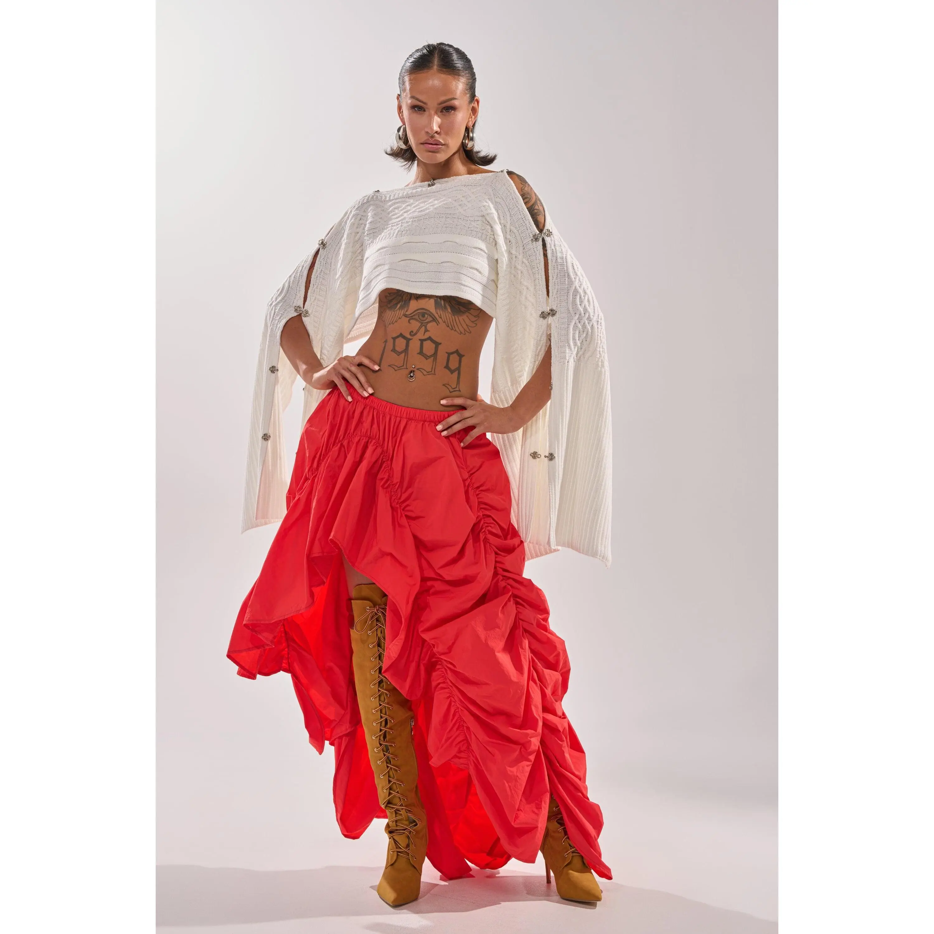 LETS CHANGE IT UP RUCHED MIDI SKIRT IN RED