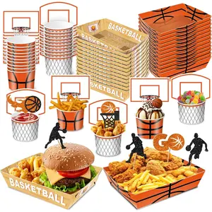Basketball Party Snack Boxes Set, 96 count Basketball-Theme Party Supplies with Snack Bowls,  Tray, Hoop Backdrop Cards and Glitter Cupcake Toppers for Basketball Birthday Party Decorations