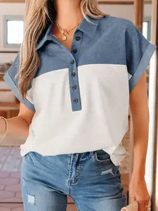 Women's Light Grey Color Block Denim Patchwork Button Polo Collar Short Sleeve Top, Casual Shift Blouse for Daily Wear