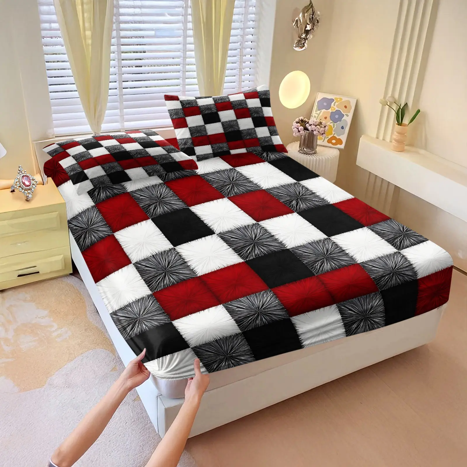 Black Red White Checkered Fitted Sheet Set, Polyester Bed Set, Includes 1 Fitted Sheet & 2 Pillowcases, Ultra soft & explosive, Decorative Bedsheet Sets