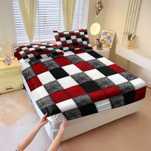 Black Red White Checkered Explosion Fitted Sheet Complete Set Includes 1 Fitted Sheet & 2 Pillowcases without Filler, Ultra soft & explosive, blasts bold checker grid + radial burst lines. Ignite wild energy every night! Decorative Bedsheet Sets