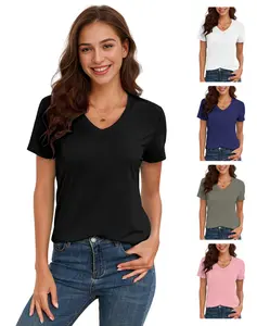 Women's V Neck Basic T-Shirt UPF 50+ Short Sleeve Casual Loose Fit Solid in Various Colors 2024 Summer Trendy Tops for Womenswear - Lightweight Denim Black Pink Breathable shirts women Fabric Day shirts women Essential Necklace Skinny Soft