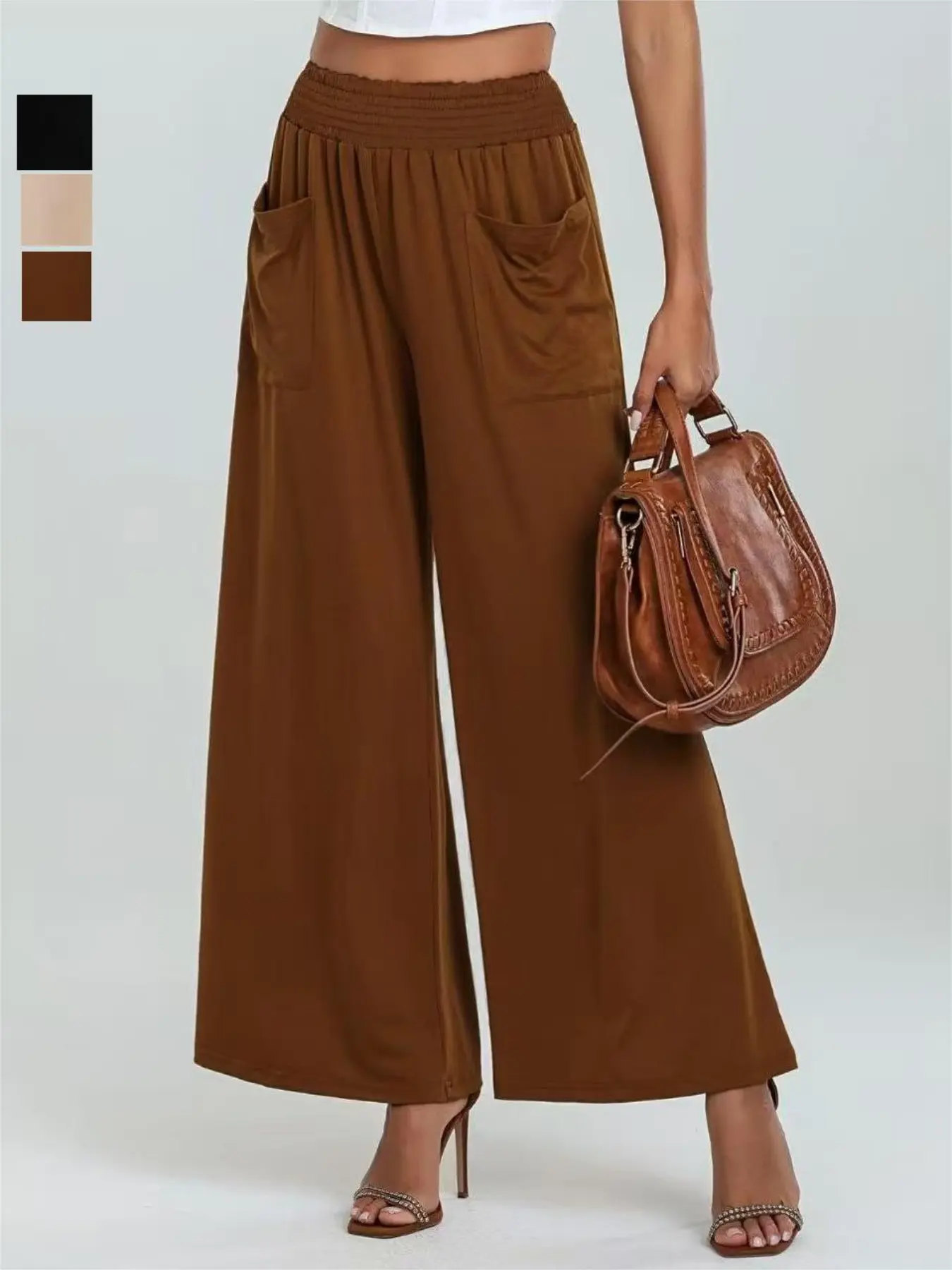 Women's High Waisted Loose Fit Flare Pants with Pockets, Flared Leg Design, Casual Loose Baggy Elastic Waist Long Regular Trousers for All Seasons