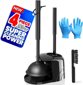 4-Piece Toilet Brush and Plunger Set, Extended Handle Plunger,Toilet Bowl Brush Plunger Set
