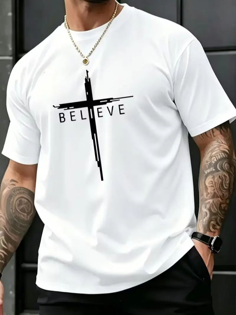 Men's Short-Sleeve Crew Neck T-Shirt, Casual Loose Oversized Breathable Top Shirts, "BELIEVE" Positive Energy Graphic Print, Campus-Style Student Daily Menswear tees men trendy men graphic tees cotton top, 10 dollar clothes Unisex