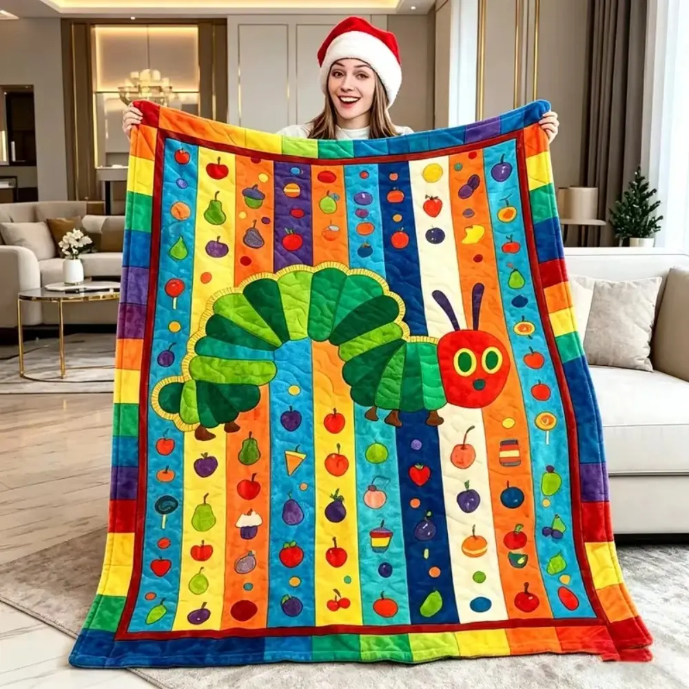1. Hungry Caterpillar Quilt‑Style Throw Blanket, Colorful Fruit Striped Kids Flannel Fleece Blanket, Nursery Sofa Bed Blanket, Gift For Picture Book Lovers