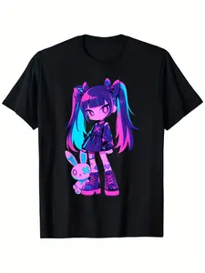 Colorful Anime Bunny Tee | E-Girl Streetwear Top for Teens | Soft Breathable Cotton | Back to School Graphic Tee | Cute Aesthetic Shirt for Girls Casual Crewneck trendy tops for school