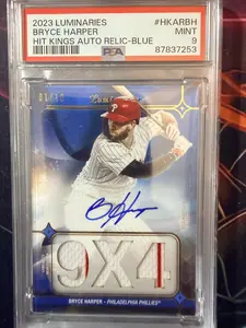 Topps 2023 Luminaries Bryce Harper PSA 9 Mint Hit Kings Auto Relic Blue 9X4 Philadelphia Phillies Card