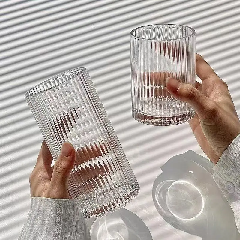 Clear Vertical Striped Glass Cup, Thick Glass Tumbler for Iced Coffee Juice Water Whiskey Home Drinkware