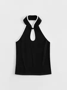 2026 Summer New Style Stand Collar Button Front Halter Top, Women's Contrast Chest Cut Out Slim Fit Waist Cinch Pure Desire Light Breathable Cool Daily Street Date Music Festival Versatile Sleeveless Shirt