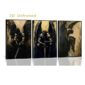 3-Piece Set: Gothic Dark Angel Mural Set  Black-Winged Warrior Canvas Wall Art  Abstract Dark Academic-Style Poster  Perfect for living rooms, bedrooms, and offices  Frameless
